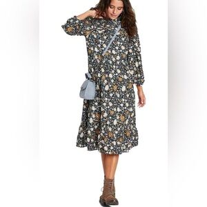 Universal Thread Floral Midi Dress L Long Sleeve Cottagecore navy blue gold boho